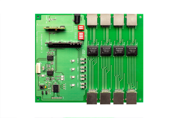 EvalAg6400 EVK for 4 channel Power Sourcing Equipment (PSE) module designed to inject up to 39W