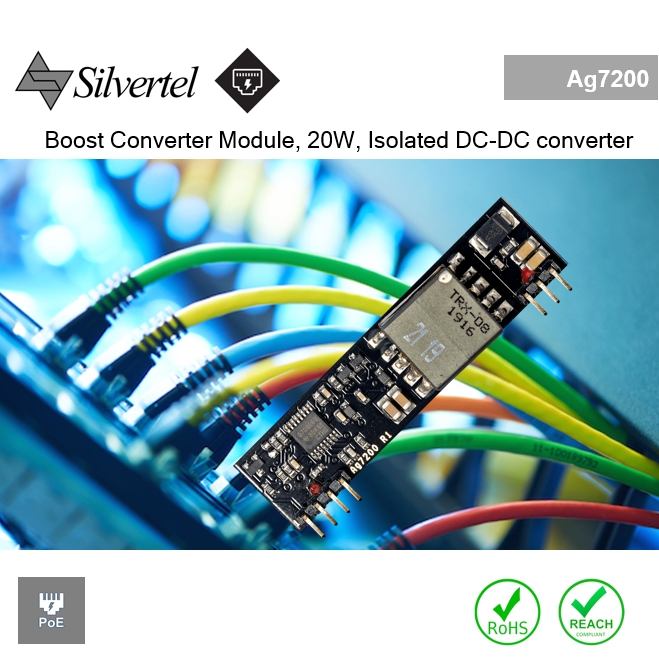 Ag7200 Boost Converter Module, 20W, Isolated DC-DC converter, IEEE802.3af compliant, 5-15V In, 36/57V Out,